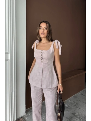 ŞANTUK KETEN YELEK GÖRÜNÜMLÜASKILI BLUZ - PANTOLON TK - Lila
