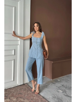 ŞANTUK KETEN YELEK GÖRÜNÜMLÜASKILI BLUZ - PANTOLON TK - Mavi