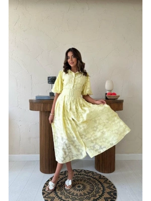 Sarı Kemerli Balon Kollu Elbise