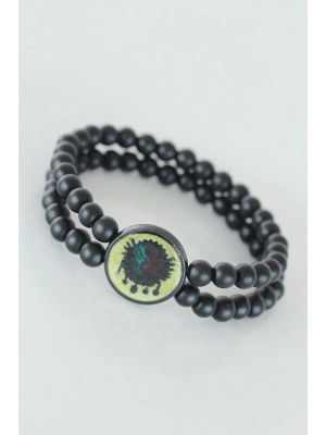 Sarı Renkli Metal Üzerine Osmanlı Arma Figürlü Siyah Renk Çift Sıra Doğal Taş Erkek Bileklik