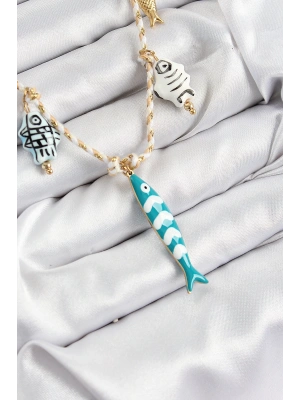 Seramik Motifli Balık Figürlü Model Krem İp Kadın Kolye