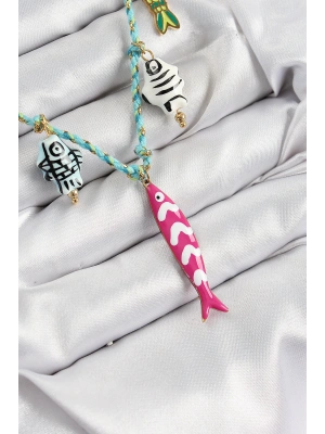 Seramik Motifli Pembe Balık Figürlü Model Mavi İp Kadın Kolye