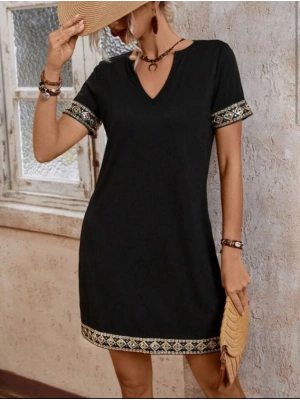 Şerit Detay V Yaka Yandan Cepli Viskon Elbise