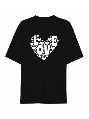 Sevgililer Günü İçin Özel Tasarım Love Kalp Baskılı T-shirt - Siyah