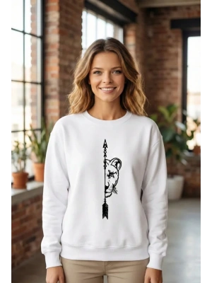 Sevgililer Günü Özel Bisiklet Yaka Aslan Baskılı Oversize Sweatshirt - Beyaz