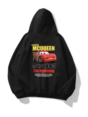 Sevgililer Günü Özel Kapüşonlu Araba Baskılı Oversize Sweatshirt - Siyah