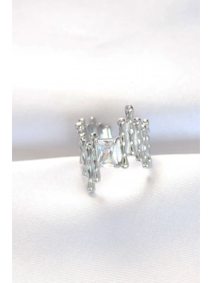 Silver Renk Tırtıklı Kalın Baget Taş Tasarım Ayarlanabilir Yüzük