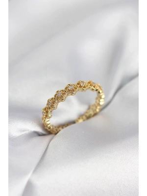 Sıralı Çiçek Model Gold Renk Zirkon Taşlı Kadın Yüzük