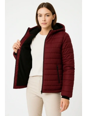 Şişme Kapüşonlu Fermuarlı Mont Su Itici Kapitone Astarlı Kumaş Cepli Kışlık Rahat Kalıp - Bordo