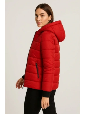 Şişme Kapüşonlu Fermuarlı Mont Su Itici Kapitone Astarlı Kumaş Cepli Kışlık Rahat Kalıp - Kırmızı