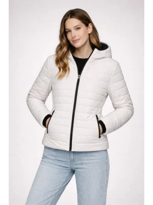 Şişme Kapüşonlu Fermuarlı Mont Su Itici Kapitone Astarlı Kumaş Cepli Kışlık Rahat Kalıp - Krem