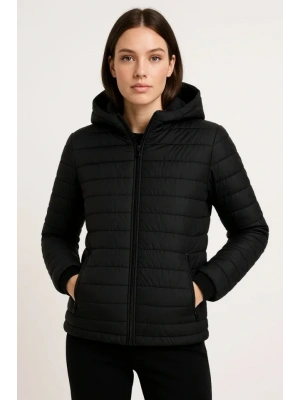 Şişme Kapüşonlu Fermuarlı Mont Su Itici Kapitone Astarlı Kumaş Cepli Kışlık Rahat Kalıp - Siyah