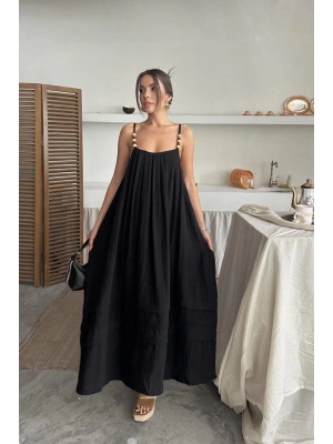 Siyah Askılı Müslin Elbise