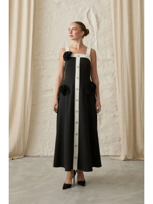 Siyah Güllü Askılı Elbise