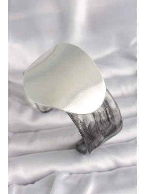 Siyah Mermer Desen Akrilik Pilastik Gümüş Plaka Model Vintage Kadın Bilezik