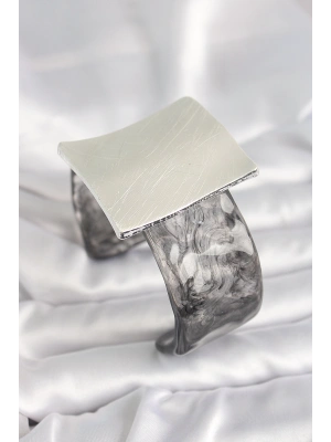 Siyah Mermer Desen Akrilik Plastik Gümüş Kare Plaka Model Vintage Kadın Bilezik