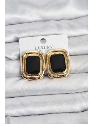 Siyah Mineli Kare Gold Renk Vintage Kadın Küpe