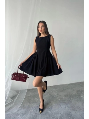 Siyah Mini Boy Büzgülü Keten Elbise
