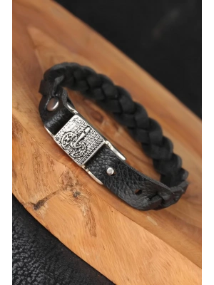 Siyah Örgü Model Deri Erkek Bileklik