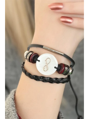 Siyah Renk Sonsuzluk ve Atatürk İmza Tasarım Çoklu Deri Bayan Bileklik