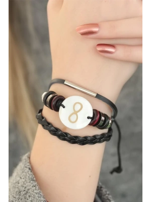 Siyah Renkli Sonsuzluk Tasarım Çoklu Deri Bayan Bileklik