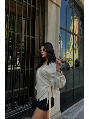 SÜET KRUVAZE BLUZ BAĞLAMA DETAYLI - Taş