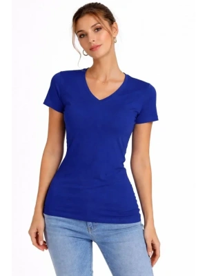 T-Shirt V Yaka Slim Fit Likralı Tişört Günlük Basic Body - İndigo