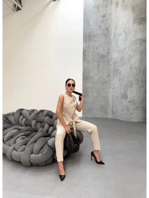 Ti̇na Asi̇metri̇k Keten Yelek Pantolon Takim