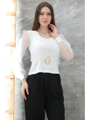 Tokalı tül kollu bluz beyaz t4071
