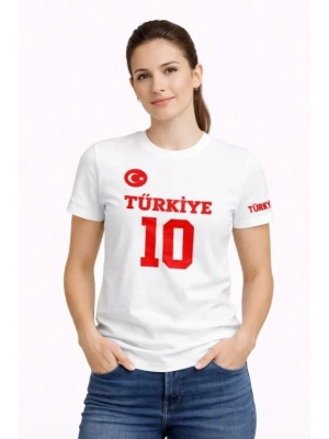 TÜRKİYE Ay Yıldız Baskılı 10 Numara Forma Tişört Taraftar T-Shirt - Beyaz