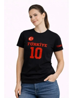 TÜRKİYE Ay Yıldız Baskılı 10 Numara Forma Tişört Taraftar T-Shirt - Siyah