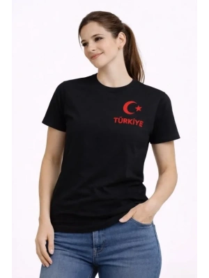TÜRKİYE Ay Yıldız Baskılı Taraftar Forma T-Shirt - Siyah