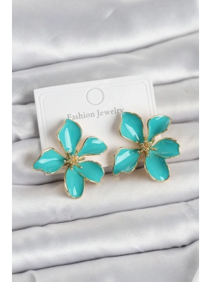 Turkuaz Mineli Çiçek Model Pirinç Kadın Küpe