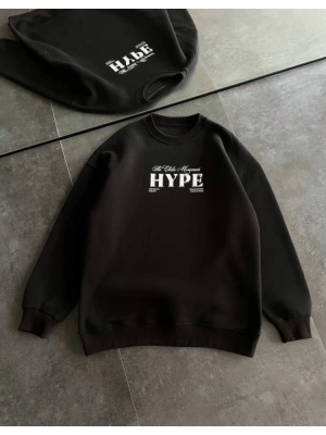 Üç İplik Bisiklet Yaka Baskılı SweatShirt - Siyah