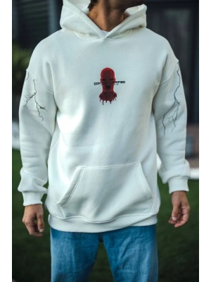 Üç İplik Kapşonlu Baskılı Oversize SweatShirt- Beyaz