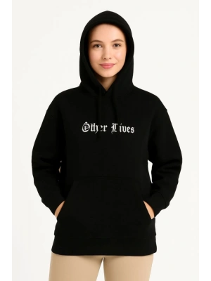 Üç İplik Kapşonlu ön Ve Arka Baskılı SweatShirt Hoodie- Siyah