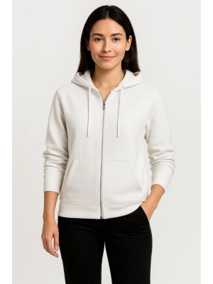 Üç İplik Kapüşonlu Tam Fermuarlı Kanguru Çepli SweatShirt Hoodie - Beyaz