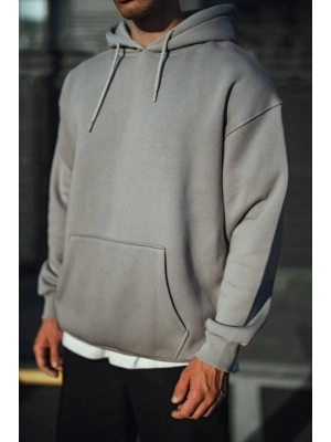 Üç İplik Penye Kapşonlu Basic SweatShirt - Boyalı Gri