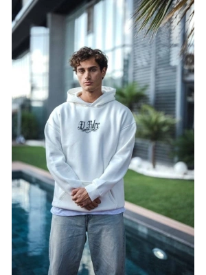 Üç İplik Penye Kapşonlu Baskılı SweatShirt - Beyaz