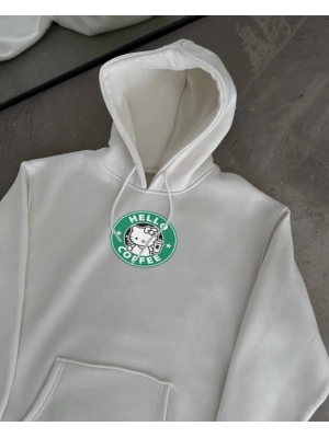 Üç İplik Penye Uzun Kol Kapşonlu SweatShirt - Beyaz