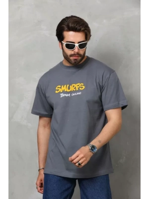 Unisex Basic Bisiklet Yaka Oversize T-Shirt - Füme