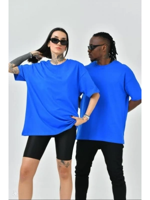 Unisex Basic Bisiklet Yaka Oversize T-Shirt - Mavi