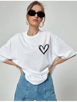 Unisex Baskılı Oversize T-Shirt - Beyaz