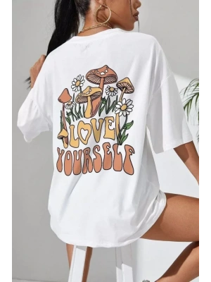 Unisex Baskılı Oversize T-Shirt - Beyaz