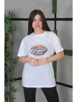 Unisex Baskılı Oversize T-Shirt - Beyaz