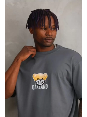 Unisex Baskılı Oversize T-Shirt - Füme