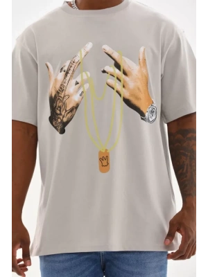 Unisex Baskılı Oversize T-Shirt - Gri