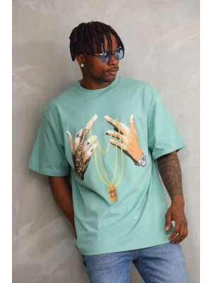 Unisex Baskılı Oversize T-Shirt - Mint Yeşili