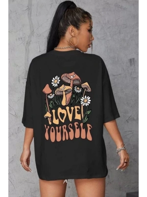 Unisex Baskılı Oversize T-Shirt - Siyah