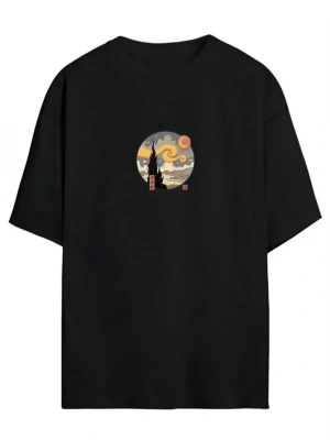 Unisex Baskılı Oversize T-Shirt - Siyah
